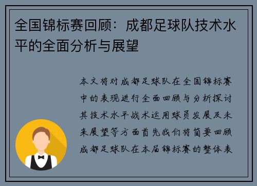 全国锦标赛回顾：成都足球队技术水平的全面分析与展望